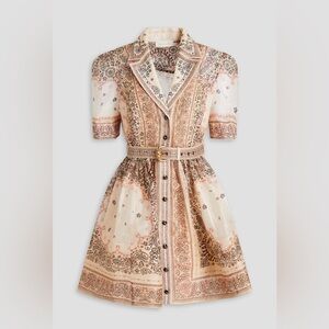 Zimmermann - Belted Paisley- print linen and silk blend mini dress- size 1